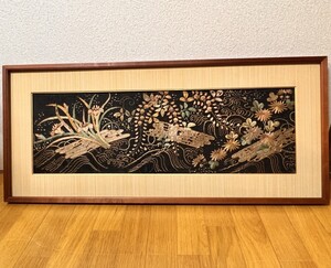 【額絵・刺】額装刺繍 あやめ 藤 花筏 段ボール製の箱付き ディスプレイ用品 インテリア用品 骨董品 アンティーク