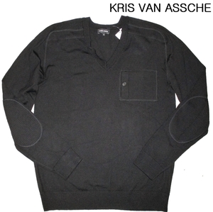 新品 M 定価￥82,950 ▼ KRIS VAN ASSCHE クリス・ヴァン・アッシュ ベルギー製 Vネック セーター 最高級 メリノウール100% 羊毛 メンズ 黒