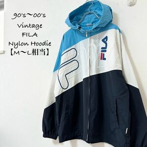 90s★vpintage/ヴィンテージ★FILA/フィラ★ナイロンジャケット/パーカー★レトロ★ライトブルー/水色×白×紺★L相当す