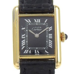 1円 稼働 カルティエ Cartier 手巻き マストタンクSM 黒文字盤 SV925×レザー レディース 腕時計