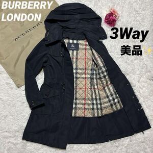 1円～【美品】3Way バーバリーロンドン ダウンライナー ナイロンコート ネイビー 紺 フード BURBERRY LONDON ステンカラー (250113-ss-2)