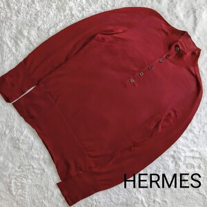 【マルジェラ期】Hermes エルメス　カシミヤ Hボタン ハイネック　薄地ニット　抜きロゴ　透け感　赤系 ★1000