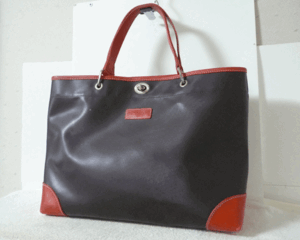 ロンシャン　LONGCHAMP　PVC　レザー　ダークブラウン　オレンジ　トート　ハンド　バッグ　レディース