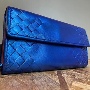 ★一円【極美品！レアモデル！】 BOTTEGA VENETA ボッテガヴェネタ イントレチャート ロングウォレット　長財布　男女　ブルー