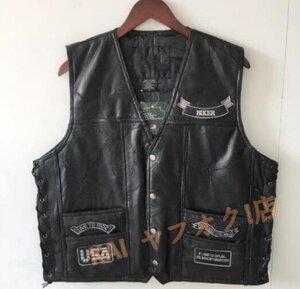 ☆新品バイクウエアメンズ レザーベスト ベスト チョッキアウトドアベスト機関車刺繍バイクベスト革ジャン本革 ライダースベスト