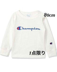 新品18622　Championチャンピオン　80cm 白ホワイト　長袖Tシャツ 胸プリントロゴ丸首Tシャツ 　春オールシーズンキッズベビー　男女兼用