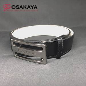 中古 BVLGARI ベルト 31480 レザー メッキ ブラック シルバー ブルガリ メンズ 男性 小物 装飾 ビジネス ロゴ刻印 プレート バックル