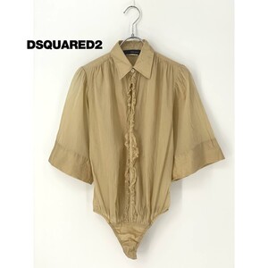 A8248/美品 春夏 DSQUARED2 ディースクエアード 前開き 七分丈 長袖 オールインワン ドレス シャツ ブラウス 38 XS程 ベージュ/レディース