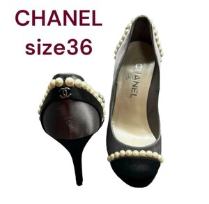 美品　シャネル　パールが大人可愛い　ロゴ入り　パンプス　バイカラー　36 M4H034 CHANEL 23cm M4H034 黒 グレー 靴 ヒール ココマーク