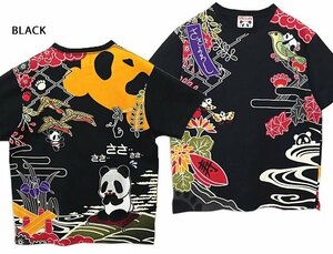 熊猫こいこい半袖Tシャツ◆PANDIESTA JAPAN ブラックXLサイズ 523213 パンディエスタジャパン パンダ 刺繍 和柄