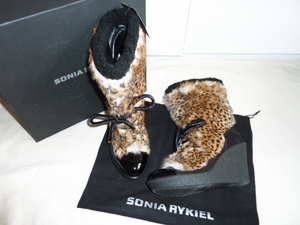 ● ソニアリキエル 新品 レオパード ヒョウ柄 ブーツ 毛 37 23,5cm SONIA RYKIEL MADE IN ITALY うさぎ ゴールド エナメル ショートブーツ