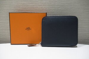 エルメス HERMES アザップコンパクト シルクイン D刻印 ネイビー 美品 紺 エプソン 財布 BOX ランクSA BRB・バッグ・財布