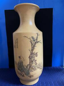 中国古盆器　中国宜興　朱泥　文革期　在落款刻　漢文老人図　釘彫　漢詩　　植木鉢　花瓶　　36cm 中古品