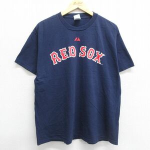 L/古着 半袖 ビンテージ Tシャツ メンズ 00s MLB ボストンレッドソックス ダスティンペドロイア 15 コットン クルーネック 紺 ネイビー