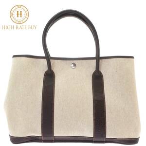 1円スタート 極美品 HERMES エルメス ガーデンパーティ36 PM □G刻 2003年 トワルアッシュ レザー ハンドバッグ ナチュラル マロン