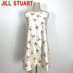 A60 ジルスチュアート ひざ丈ワンピース ノースリーブ 花柄 ベージュ JILL STUART 裏地あり リボン柄 S