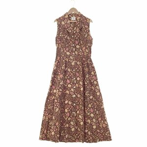 ★LAURA ASHLEY ローラアシュレイ フラワー ノースリーブワンピース レディース サイズ9AR エンジ×ベージュ×ピンク 211402520 1BA/42507