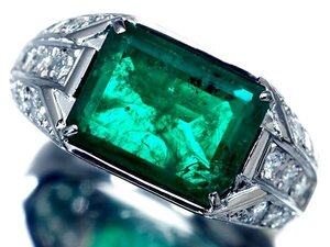 1円～【ジュエリー極】濃厚鮮やかグリーン 上質大粒天然エメラルド3.66ct＆極上天然ダイヤ0.56ct 超高級Pt900リング a1498gl【送料無料】