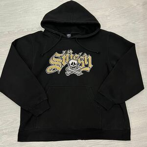 【即決】激レア 希少 OLD USA製 STUSSY プルオーバー パーカー 紺タグ フーディ スカルプリントロゴ ヴィンテージ 黒 ステューシー