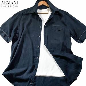 美品/XLサイズ●アルマーニ コレツィオーニ リネン100% 半袖シャツ 羽織り ARMANI COLLEZIONI 麻 夏 サマー 薄手 軽量 速乾 ネイビー