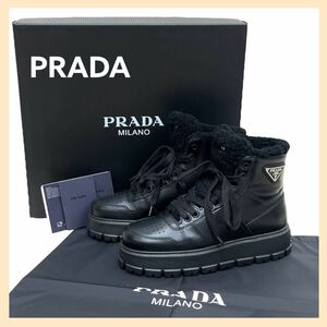 新品未使用 箱保存袋付き PRADA プラダ 三角ロゴプレート ロゴ刺繍 シアリング レザー レースアップ ハイカット スニーカー 1T948M