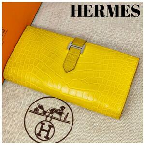 定価130万超【極美品・開運財布・入手困難】エルメス HERMES ベアンスフレ アリゲーター 財布 H金具 ジョーヌアンブル クロコ センター取り