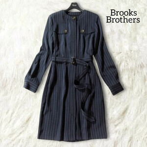 44 【美品】 Brooks Brothers ノーカラー ストライプ ワンピース 0 XS 小さいサイズ ネイビー 膝丈 ベルト 長袖 秋冬 ブルックスブラザーズ