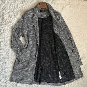 美品 ザラ マン ZARA MAN メンズ チェスターコート ロングコート L相当 ツイード 綿 コットン 羊毛 ウール 灰 グレー 長袖 パイピング 