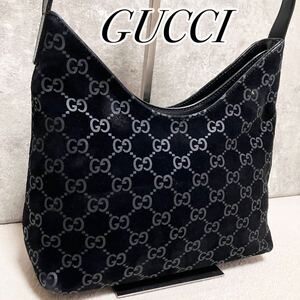 美品 GUCCI グッチ ワンショルダーバッグ ハンドバッグ gg柄 GGスプリーム ベロア レザー ブラック 肩掛け ハーフムーン ロゴ刻印 ロゴ金具