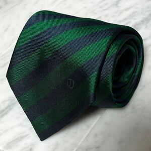 【美品】 999円～ dunhill ネクタイ ネイビー グリーン ストライプ ワンポイントロゴ 光沢 (B11)