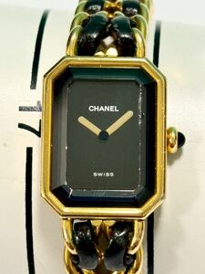 稼働品 CHANEL シャネル プルミエール H0001 レディース腕時計 ブラック文字盤 ゴールドカラー レザー クォーツ 電池交換済み