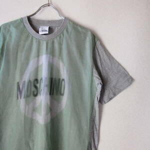 ○90s MOSCHINO モスキーノ◆Tシャツ カットソー 半袖 メッシュ装飾 イタリア製◆ユニセックス グレー/グリーン サイズ US 40