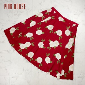 PINK HOUSE ピンクハウス 総柄フレアスカート 花柄 バックジップ ミモレ丈 裏地あり 赤 レッド サイズ2XL*SC1446