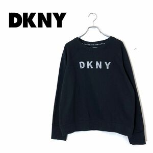 1O2265-O-N◆良品◆ DKNY ダナキャランニューヨーク トレーナー スウェット ロゴ ラメ 裏起毛 トップス◆sizeM コットン ブラック 黒