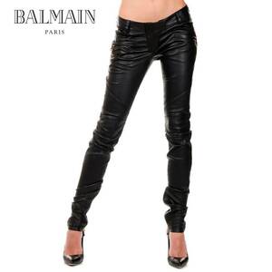 新品【正規】BALMAIN（バルマン）LEATHER BIKER STRETCH PANTS ストレッチ ラムレザーバイカーパンツ/黒金/サイズ38 定価55万円/ハンガー付