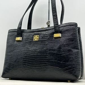 81-121●希少入手困難● GIVENCHY ジバンシ トートバッグ ハンドバッグ リザード 4G ゴールド金具 レザー 本革 ブラック ヴィンテージ 黒色