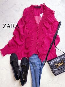 ZARA ザラ★タグ付き未使用★大人可愛い★鮮やか ネオンカラー ふんわり フリルブラウス シフォン シアーシャツ★ピンク Sサイズ 917