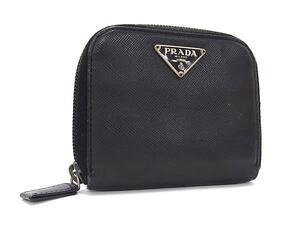 1円 PRADA プラダ サフィアーノレザー ラウンドファスナー コインケース パスケース 小銭入れ 財布 ウォレット ブラック系 FJ4050