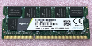 ◆Apacer D41.16262P.001 *PC3L-12800S/DDR3L-1600 ECC 204Pin DDR3 SO-DIMM 16GB 動作品