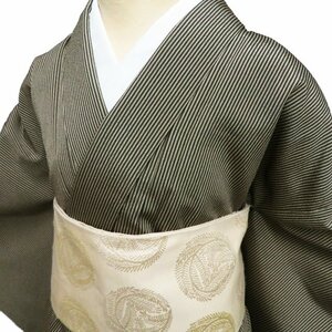 小紋 着物 中古 正絹 袷 カジュアル 縦縞模様 ストライプ 灰汁色 黒色 身丈166cm 裄68cm L トール きもの北條 A1116-6