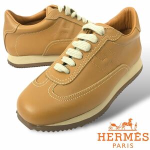 s88 未使用 HERMES エルメス クイックスニーカー レザーシューズ デッドストック キャメル 本革 Hマーク 靴 36.5 イタリア製 正規品