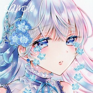 手描きイラスト　オリジナル【Nemophila　Tears】画学紙　中色紙サイズ(212×182mm)　ラフ付　＊moneco＊ 