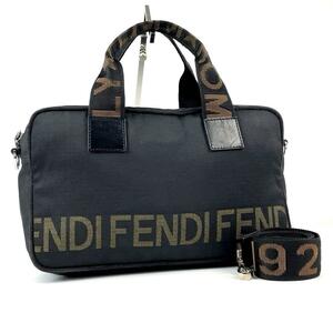 希少■FENDI フェンディ ロゴライン ハンドバッグ 2way ショルダーバッグ ナイロンキャンバス レザー ブラック ゴールド金具 クロスボディ