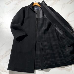 【美品/Lsize】バーバリー BURBERRY ステンカラーコート ジップアップ カシミア カシミヤ 羊毛 ブラック 黒 ノヴァチェック 秋冬 メンズ