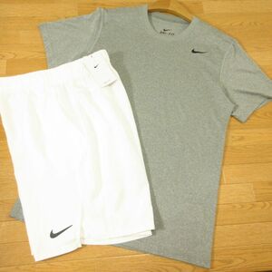 ◎未使用/美品！L 上下セット！NIKE ナイキ◆ジャージ 半袖 Tシャツ&ハーフ ショートパンツ DRI-FIT 速乾◆メンズ グレーx白◆B4453