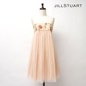 美品 JILL STUART ジル スチュアート 花柄刺繍 キャミソールチュールワンピース 裏地あり レディース ピンクベージュ サイズ2*GC171