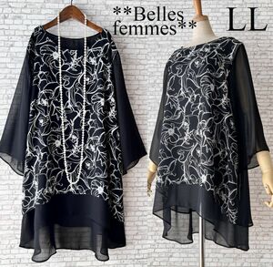 *Belles femmes*オリジナル*【新品 LLサイズ】*Aライン*シフォン二枚重ね*花柄シアー*膝丈チュニック*21039黒XL/２L/13号★送料185円★