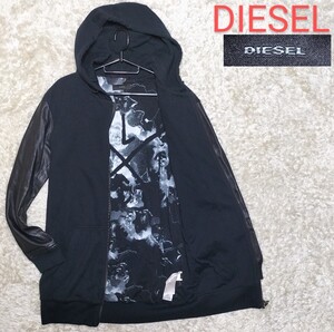 【袖羊革★ロング丈】Мサイズ 美品 DIESEL フルジップパーカー/黒◆スウェット×ラムレザー☆ディーゼル (69141)