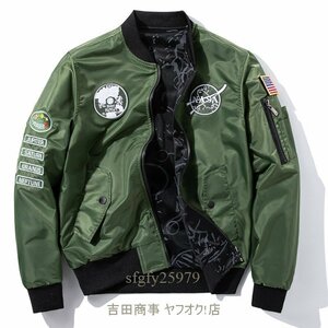 A7005新品春夏フライトジャケット メンズスタジャン 両面着 ワッペン 紳士 野球服ゆったり ブルゾン アウトドア アメカジ 緑 M~3XL