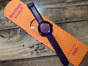 レア 良品 ケース付 bonbon watch ボンボンウォッチ PARIS SWISS MADE デイト 紫 パープル 純正ベルト クオーツ レディース 腕時計
